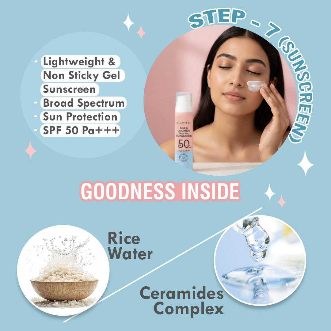 Korean Glass Skin Rice & Ceramide 7 Step Gift Box | Face wash, Peel Off Mask, Toner, Serum, Under eye cream, Moisturizer & Sunscreen