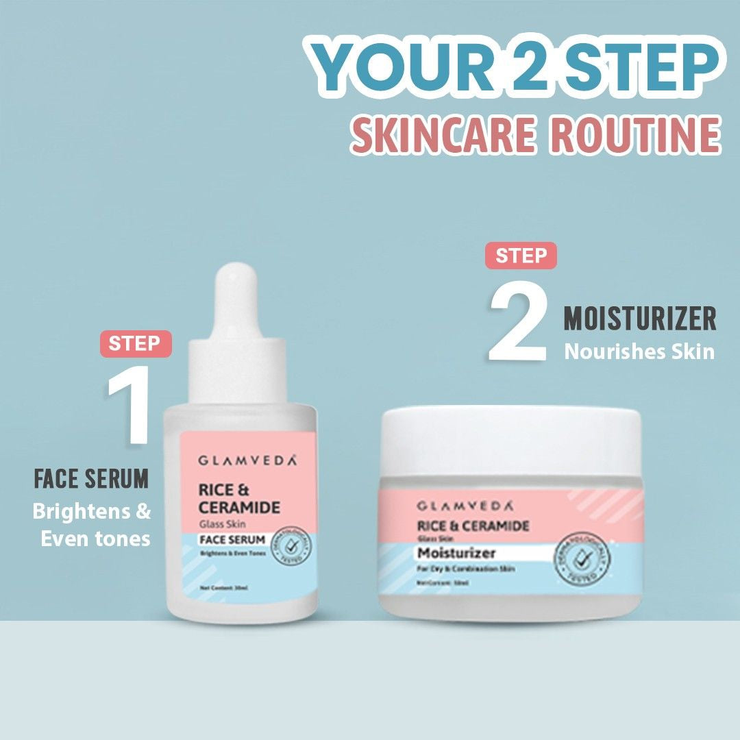Glamveda Korean Glass Skin Rice & Ceramide Face Serum & Moisturizer Combo For Dry & Sensitive Skin Types