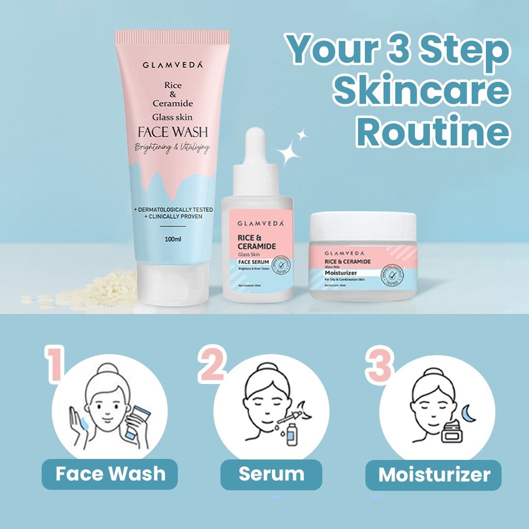 Korean Glass Skin Rice & Ceramide 3 Step Combo | Face Wash, Serum & Moisturizer