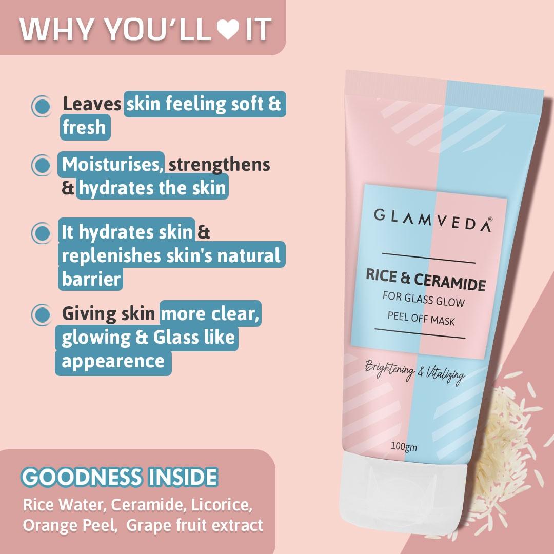 Glamveda Rice & Ceramide Korean Glass Skin Combo Gift Pack | Skin Brightening & Anti Dullness | Face Wash, Facial Kit & Peel Off Mask