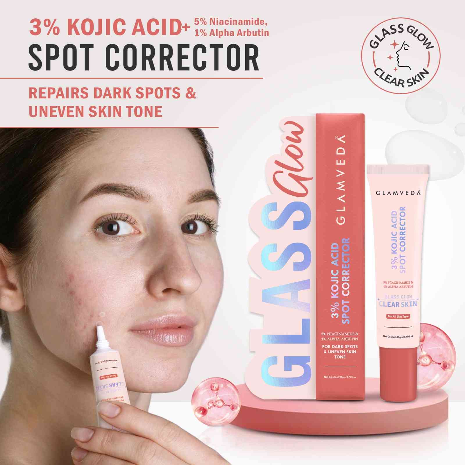 Glamveda 3% Kojic Acid Spot Corrector Gel Reduces Acne Scars & Dark Spots | Glow Booster & Pigmentation Removal