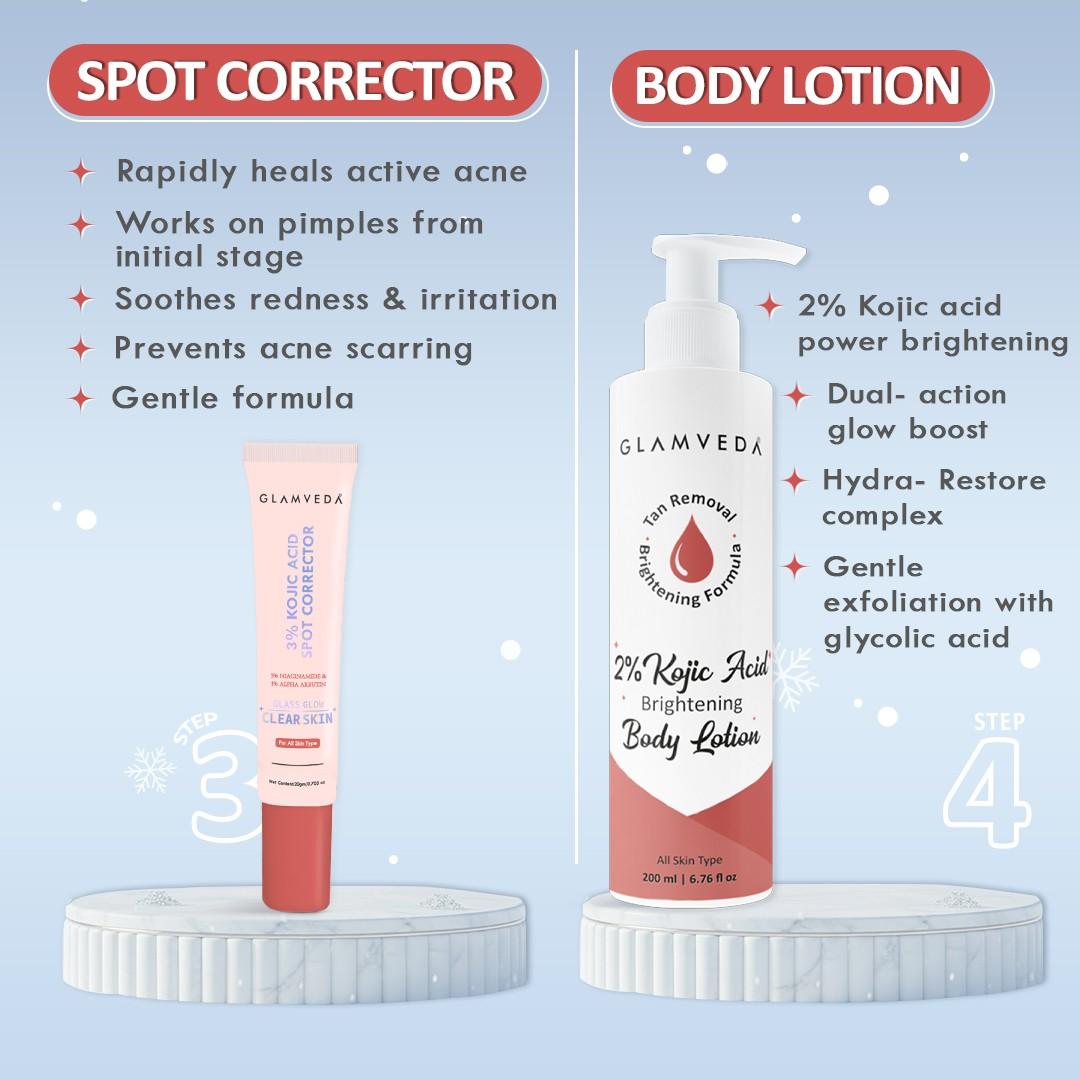 2% Kojic Acid 6-Step Skincare Routine-  Facewash, Spot Corrector, Serum, BB Cream(Dark), Cream & Lotion