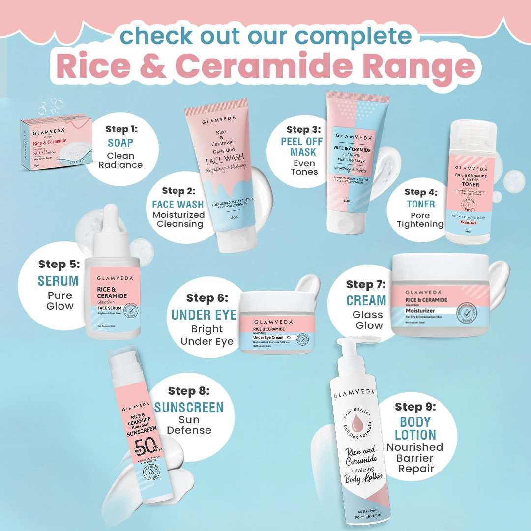 Glamveda Korean Glass Skin Rice & Ceramide 3 Step Combo | Face Wash, Serum & Sunscreen