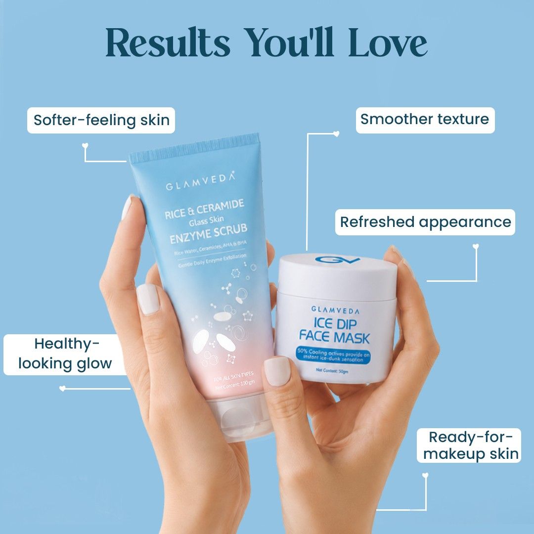 Cooling & Glow Duo | Rice & Ceramide Enzyme Scrub + Ice Dip Cooling Face Mask | 150gm