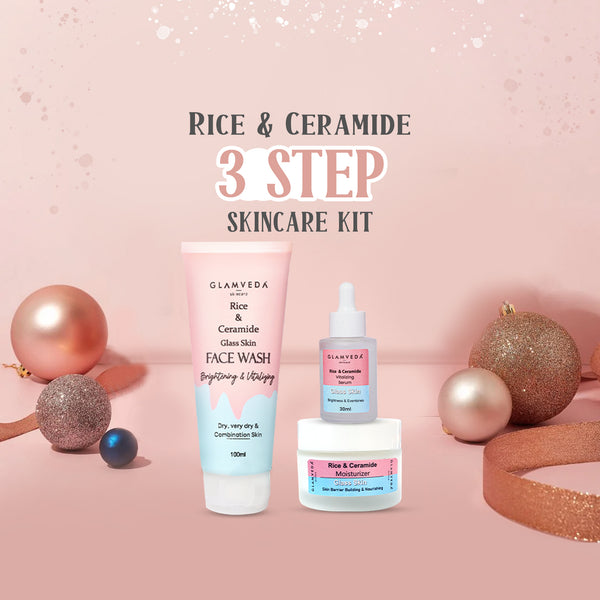 Glamveda Korean Glass Skin Rice & Ceramide 3 Step Combo | Face Wash, Serum & Moisturizer