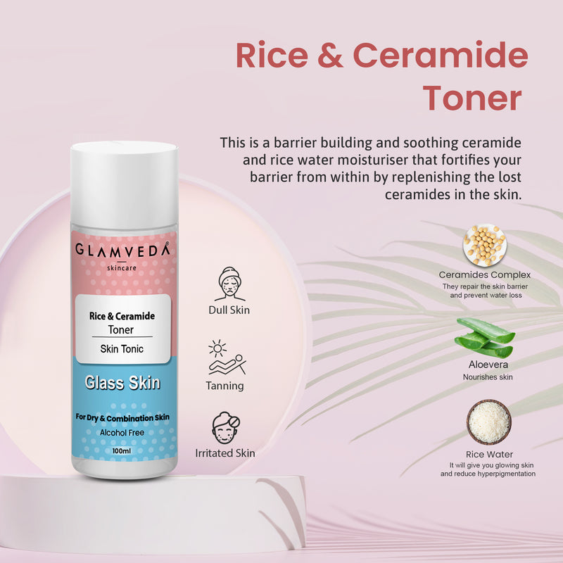 Glamveda Korean Glass Skin Rice & Ceramide 7 Step Gift Box | Face wash, Peel Off Mask, Toner, Serum, Under eye cream, Moisturizer & Sunscreen