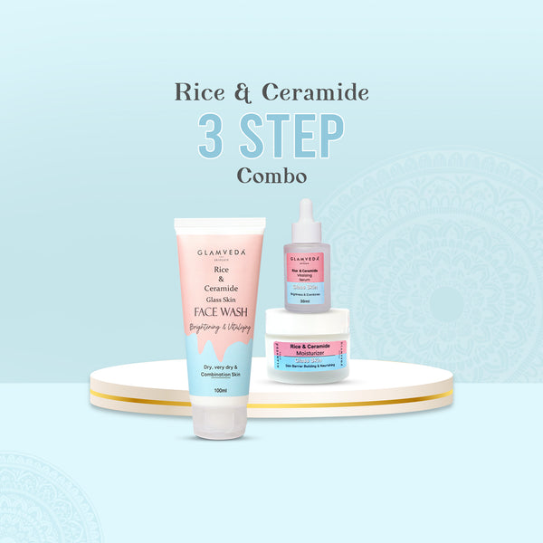 Glamveda Korean Glass Skin Rice & Ceramide 3 Step Combo | Face Wash, Serum & Moisturizer