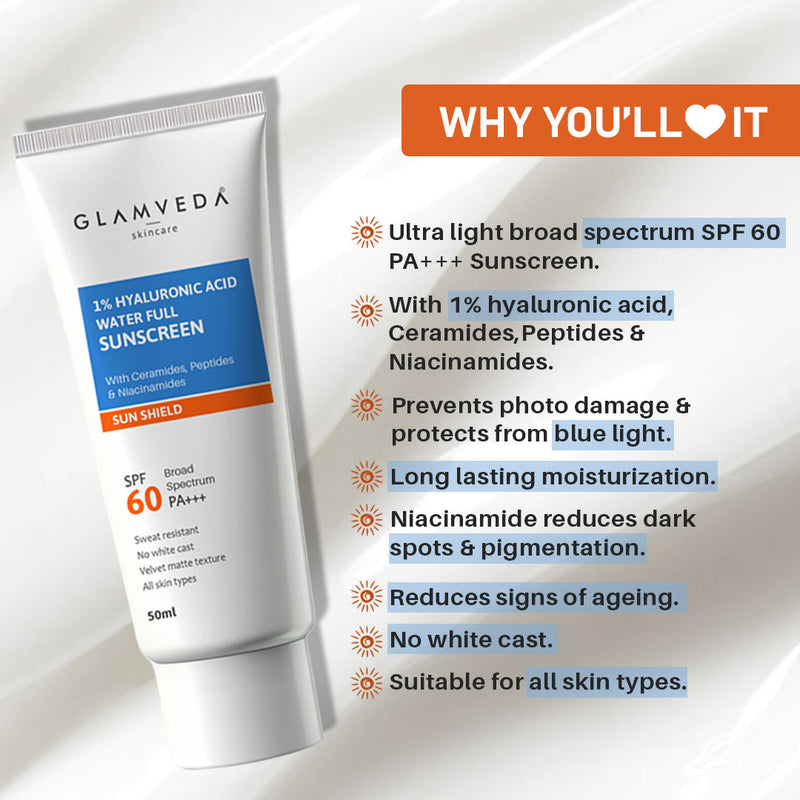 Glamveda 1% Hyaluronic Acid Sunscreen SPF 60, PA+++ | With Ceramides, Peptides & Niacinamide