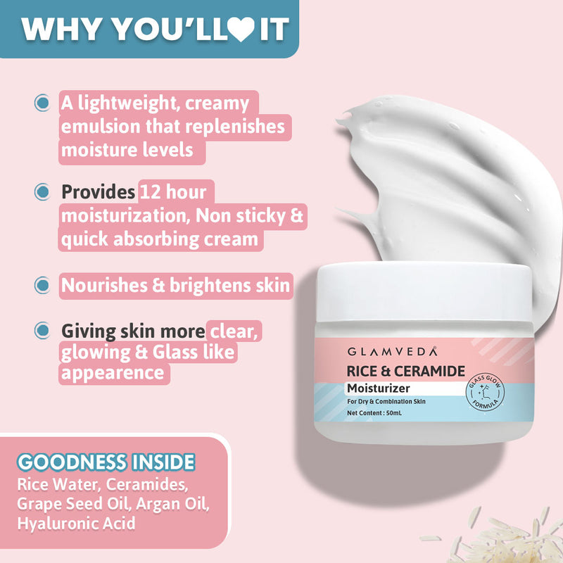 Glamveda Korean Glass Skin Rice & Ceramide 4 Step Gift Box | Face wash, Serum, Under-eye cream, Moisturizer