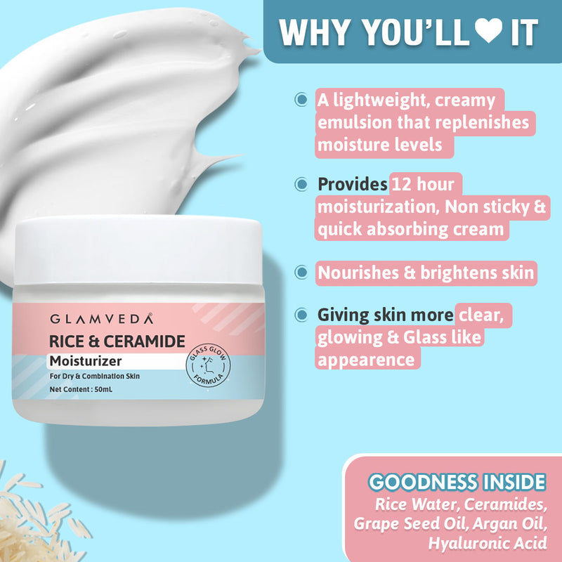 Glamveda Korean Glass Skin Rice & Ceramide 3 Step Combo | Face Wash, Toner & Moisturizer