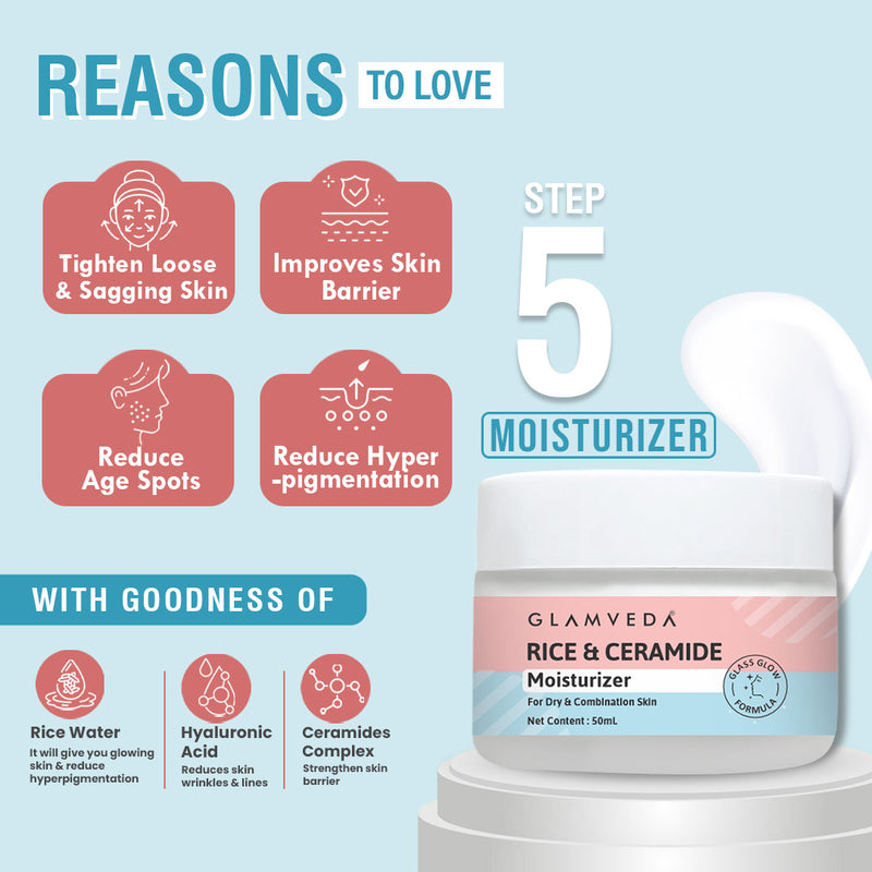 Glamveda Korean Glass Skin Rice & Ceramide 6 Step Gift Box | Face wash, Toner, Serum, Under eye cream, Moisturizer & Sunscreen