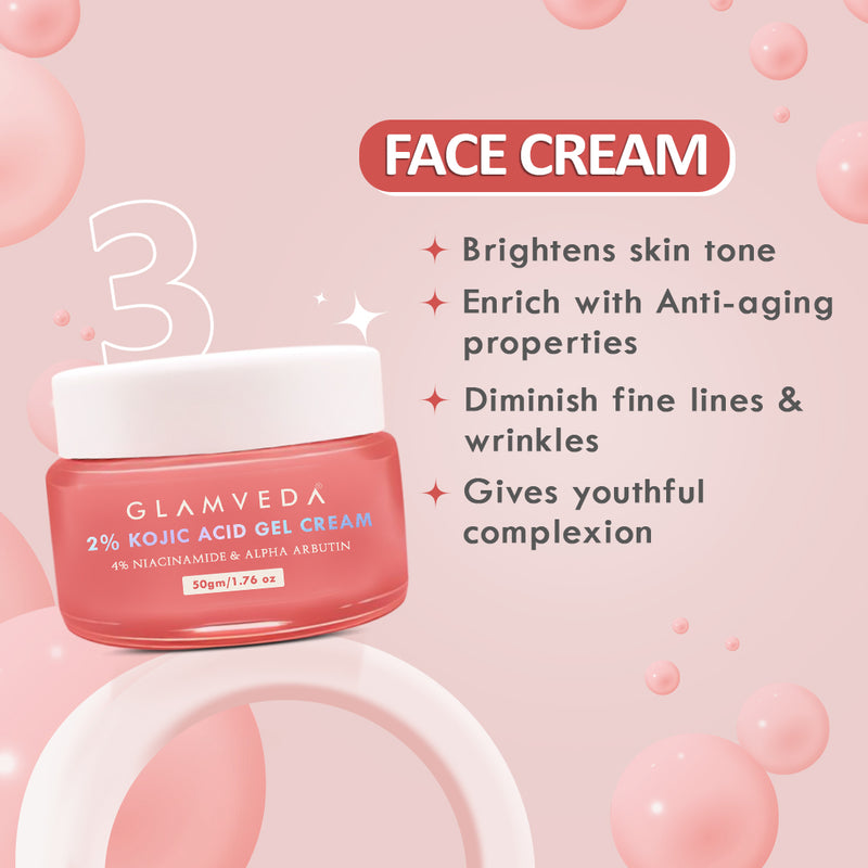 Glamveda 2% Kojic Acid Skincare Routine – Facewash, Serum & Cream for Pigmentation |Dark Spot Treatment & Skin Brightening