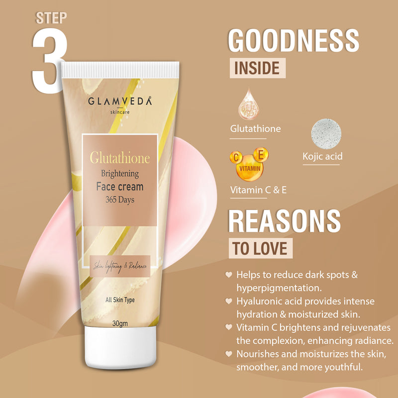 Glamveda Glutathione Skin Perfecting Brightening & Dark Spots Removal 4 Steps Skincare Routine ( Face Wash + Face Cream + Face Serum + Body Lotion )
