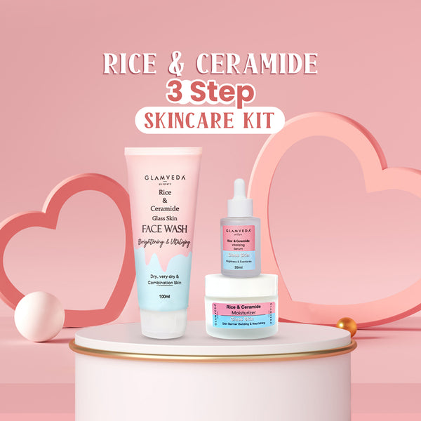 Glamveda Korean Glass Skin Rice & Ceramide 3 Step Combo | Face Wash, Serum & Moisturizer