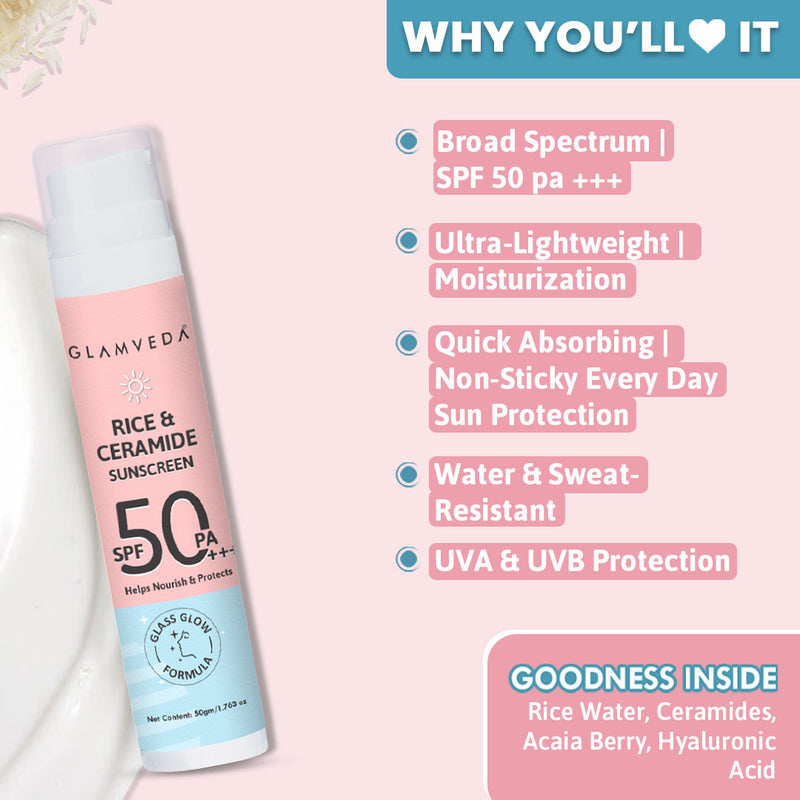 Glamveda Korean Glass Skin Rice & Ceramide Morning 4 Step Gift Box | Face Wash, Serum, Moisturizer & Sunscreen