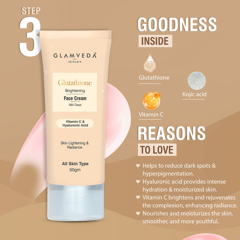 Glamveda Glutathione Skin Perfecting Brightening & Dark Spots Removal 4 Steps Skincare Routine ( Face Wash + Face Cream + Face Serum + Body Lotion )