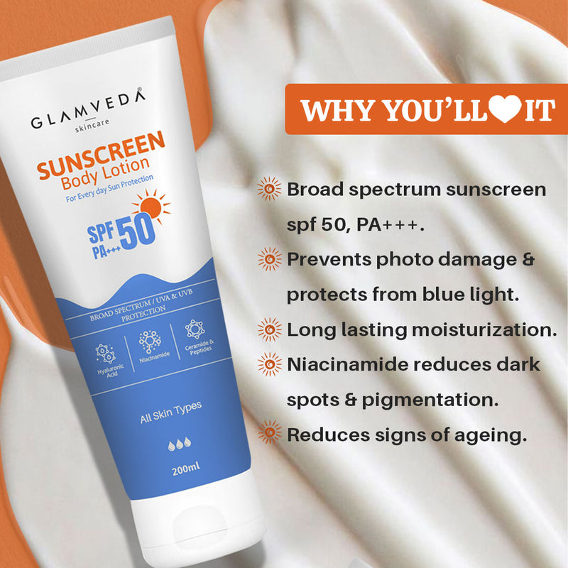 Glamveda Sunscreen SPF 50 PA+++ Body Lotion with Hyaluronic Acid & Niacinamide, Protects & Nourishes