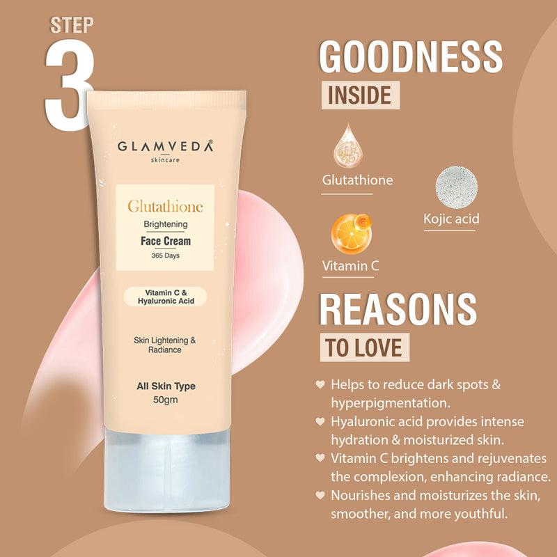 Glamveda Glutathione Bath & Body Skincare Routine Combo |  Set of 4 Kit | For Skin Brightening and Lightening | ( Face Wash + Face Cream + Body Lotion + Soap )