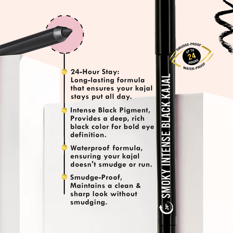 Glamveda Smoky Intense Black Kajal, 24Hr long stay, Waterproof & Smudgeproof | Pakc of 2