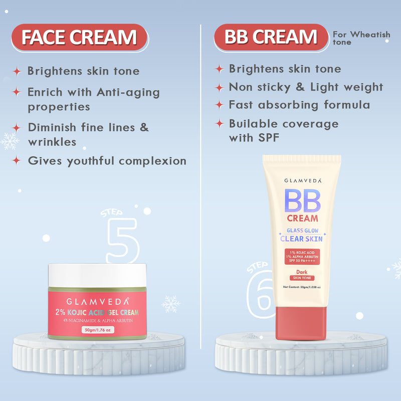 2% Kojic Acid 6-Step Skincare Routine-  Facewash, Spot Corrector, Serum, BB Cream(Dark), Cream & Lotion