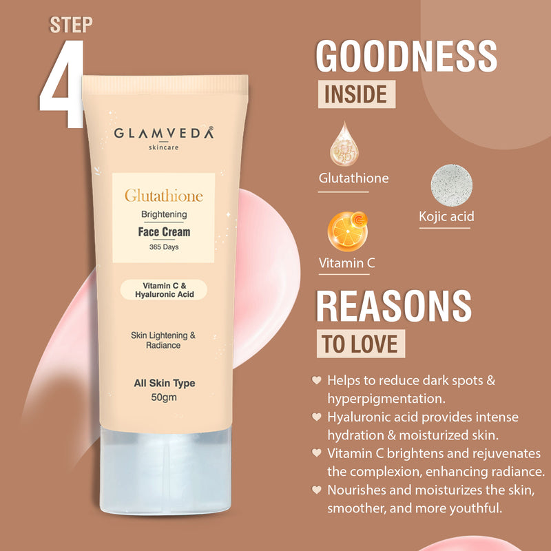 Glamveda Glutathione Skin Brightening and Lightening Combo | 5-Step Skincare Set For Glowing Skin |  ( Face Wash + Face Cream + Sunscreen + Serum + Under Eye Cream )