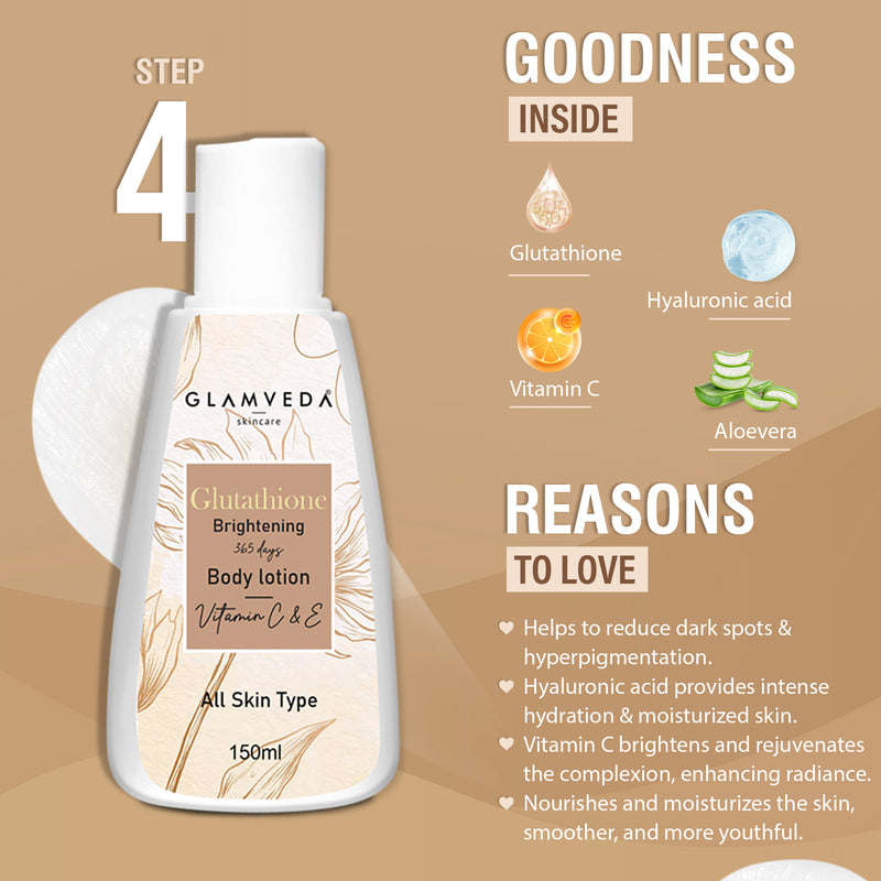 Glamveda Glutathione Skin Perfecting Brightening & Dark Spots Removal 4 Steps Skincare Routine ( Face Wash + Face Cream + Face Serum + Body Lotion )