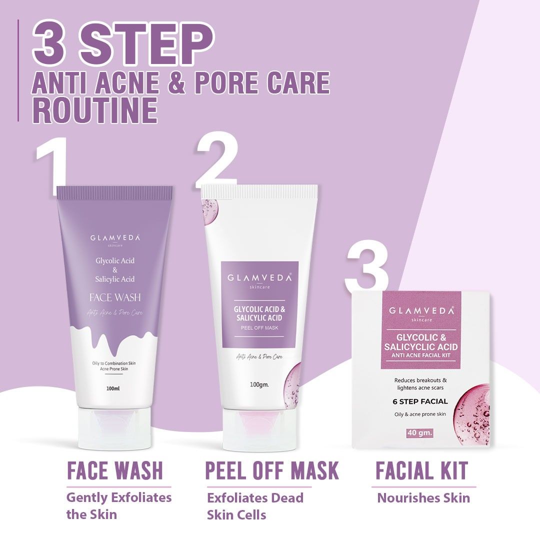 Glycolic & Salicylic Acid Anti Acne Combo Gift Pack | For Oily & Acne Prone Skin | Face Wash, Facial Kit & Peel Off Mask