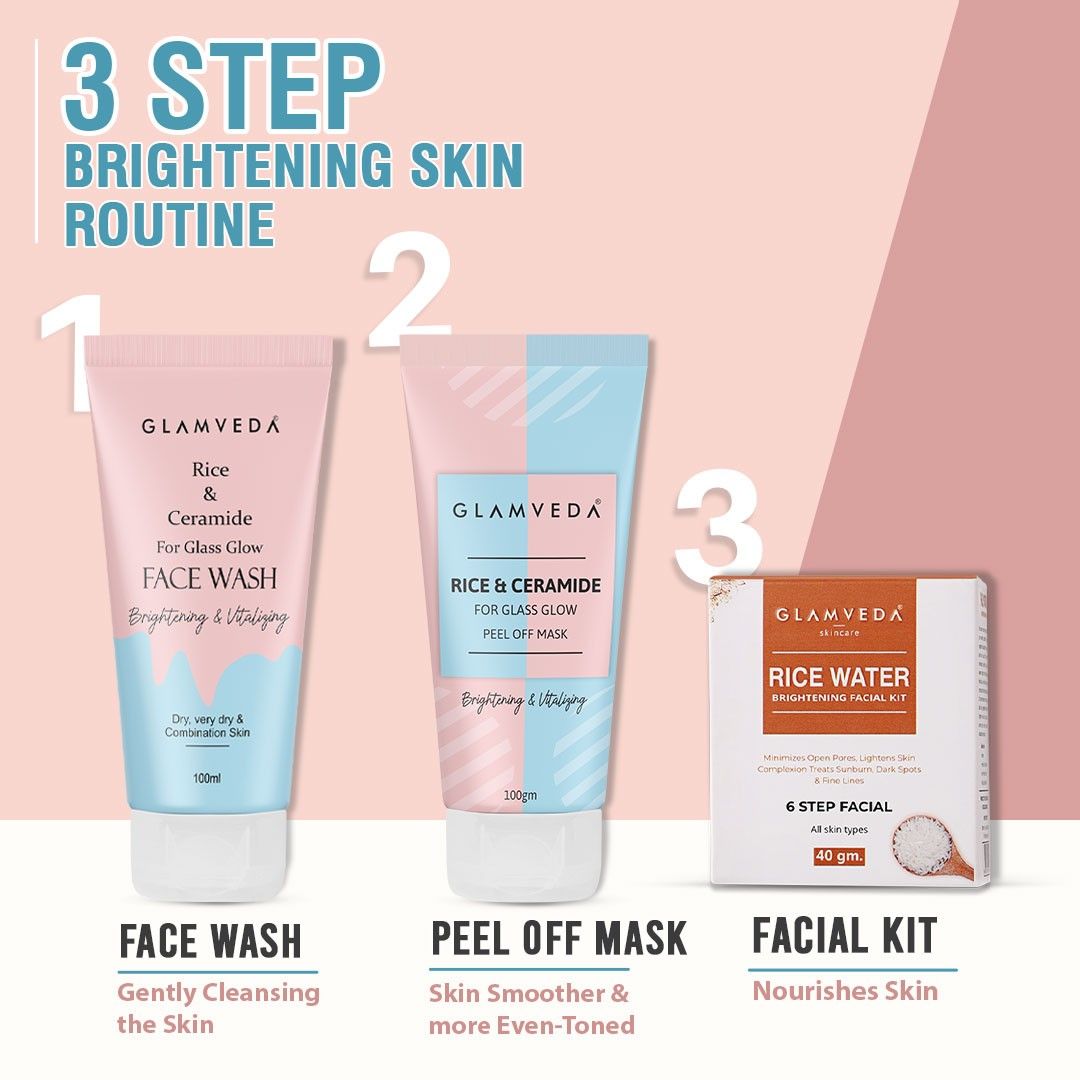 Glamveda Rice & Ceramide Korean Glass Skin Combo Gift Pack | Skin Brightening & Anti Dullness | Face Wash, Facial Kit & Peel Off Mask