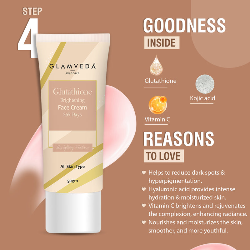 Glamveda Glutathione Skin Brightening and Lightening Combo | 5-Step Skincare Set For Glowing Skin |  ( Face Wash + Face Cream + Sunscreen + Serum + Under Eye Cream )