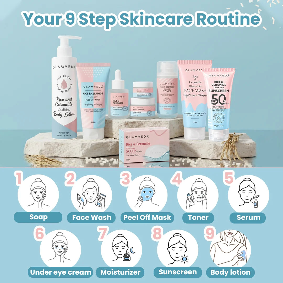 Korean Glass Skin Rice & Ceramide 9 Step Weekly Skincare Routine For Women
