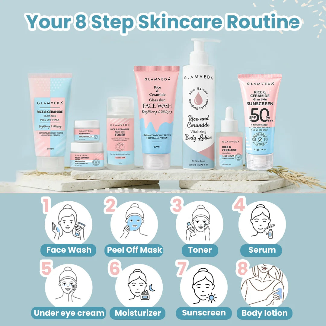 Korean Glass Skin Rice & Ceramide 8 Step Weekly Skincare Routine For Women
