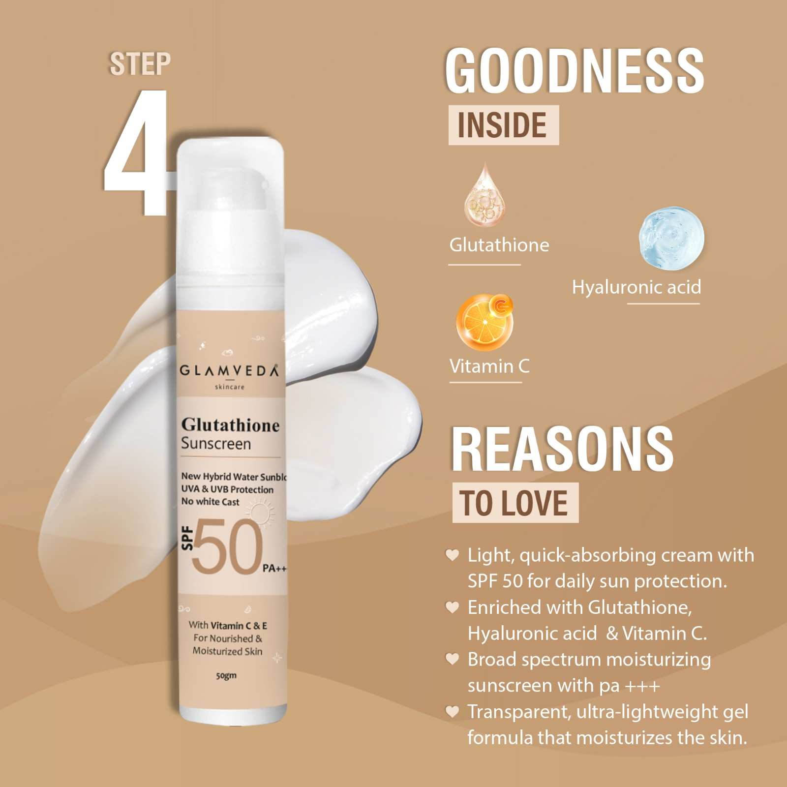 Glamveda Glutathione 4-Step Skincare Routine For Healthy & Radiant Skin | Skin Brightening and Lightening Combo ( Face Wash + Face Cream + Face Serum + Sunscreen )