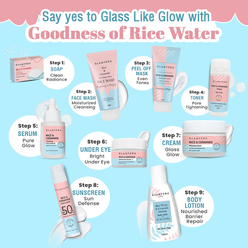 Glamveda Korean Glass Skin Rice & Ceramide 3 Step Combo | Face Wash, Toner & Moisturizer