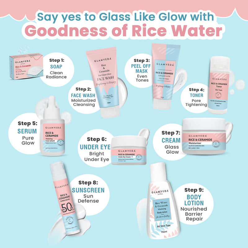 Glamveda Korean Glass Skin Rice & Ceramide 7 Step Gift Box | Face wash, Peel Off Mask, Toner, Serum, Under eye cream, Moisturizer & Sunscreen