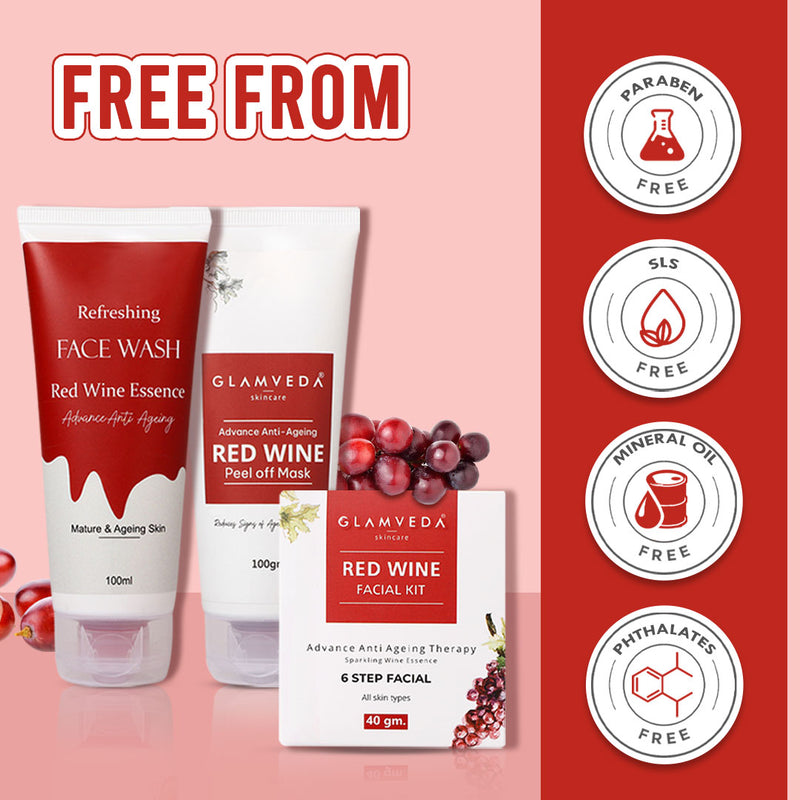 Glamveda Red Wine Advance Anti Ageing Combo Gift Pack | Reduces signs of ageing | Face Wash, Facial Kit & Peel Off Mask