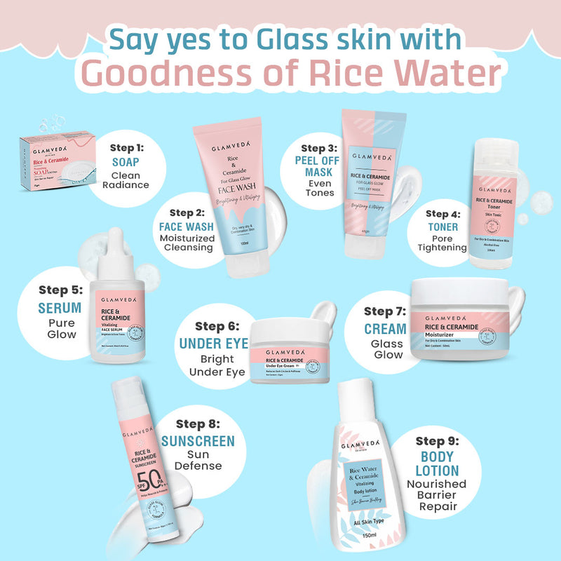 Glamveda Rice & Ceramide Korean Glass Skin Combo Gift Pack | Skin Brightening & Anti Dullness | Face Wash, Facial Kit & Peel Off Mask
