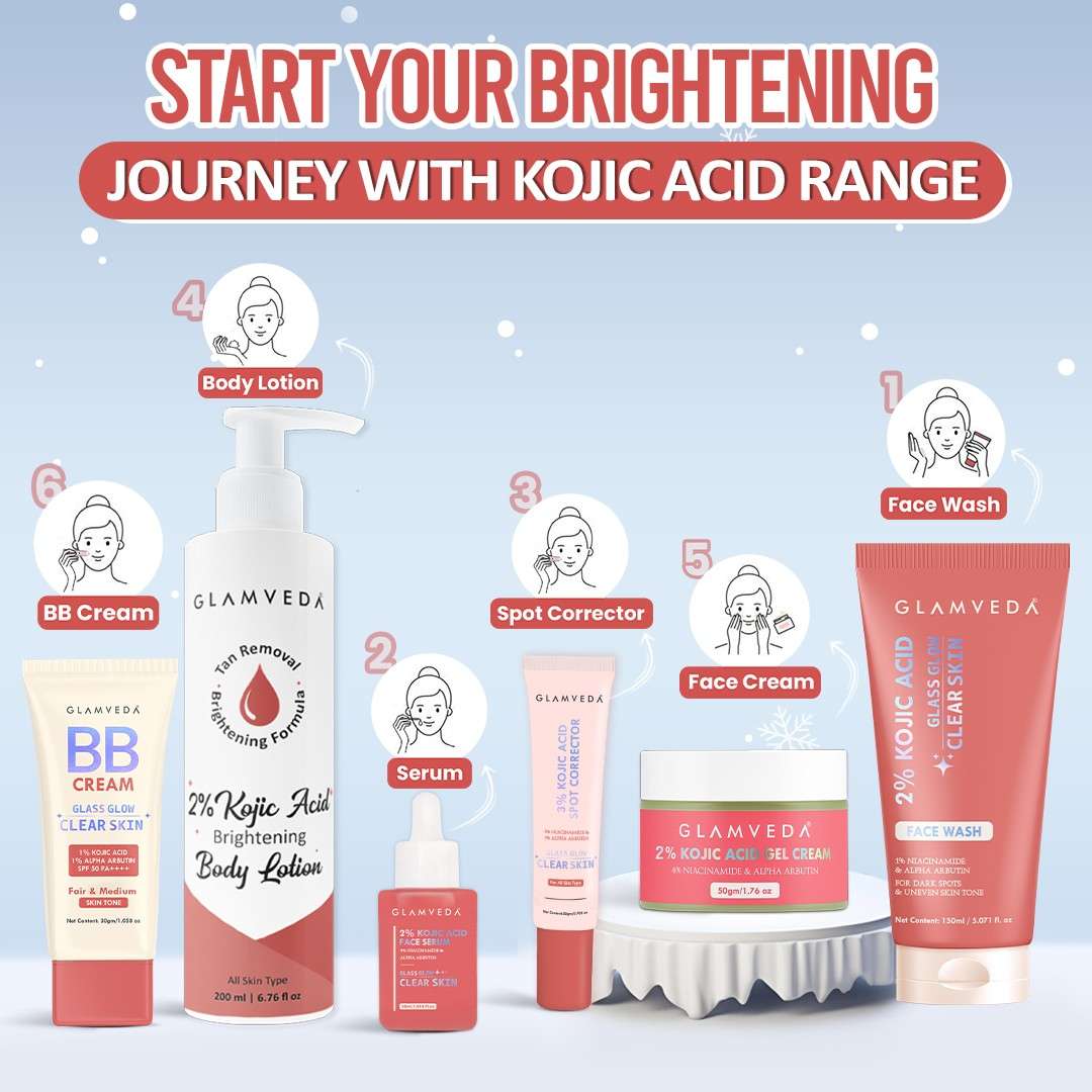 2% Kojic Acid 6-Step Skincare Routine-  Facewash, Spot Corrector, Serum, BB Cream(Fair &Medium), Cream & Lotion
