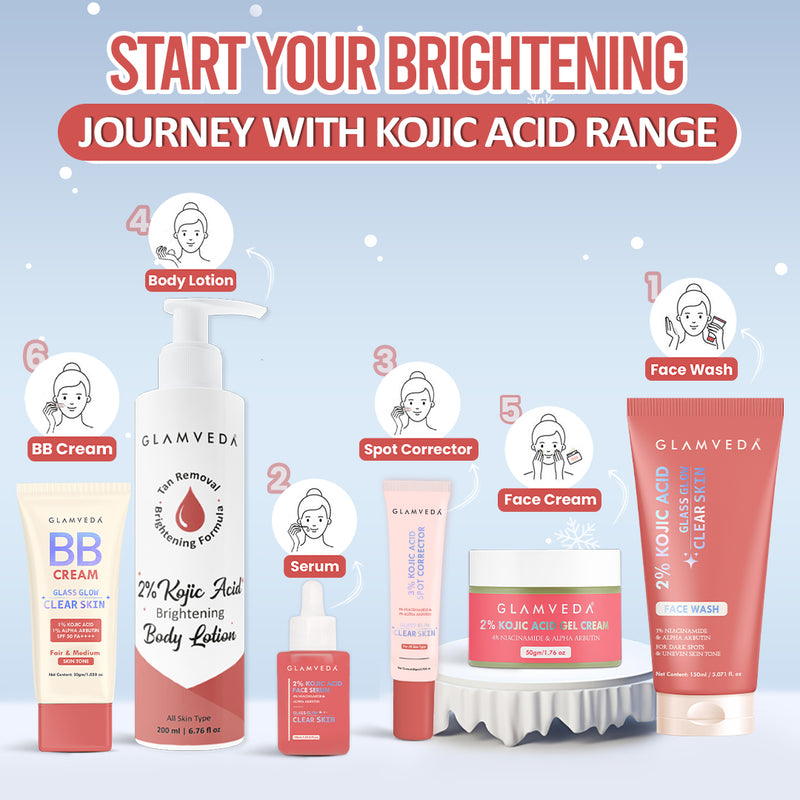 2% Kojic Acid 6-Step Skincare Routine-  Facewash, Spot Corrector, Serum, BB Cream(Fair &Medium), Cream & Lotion