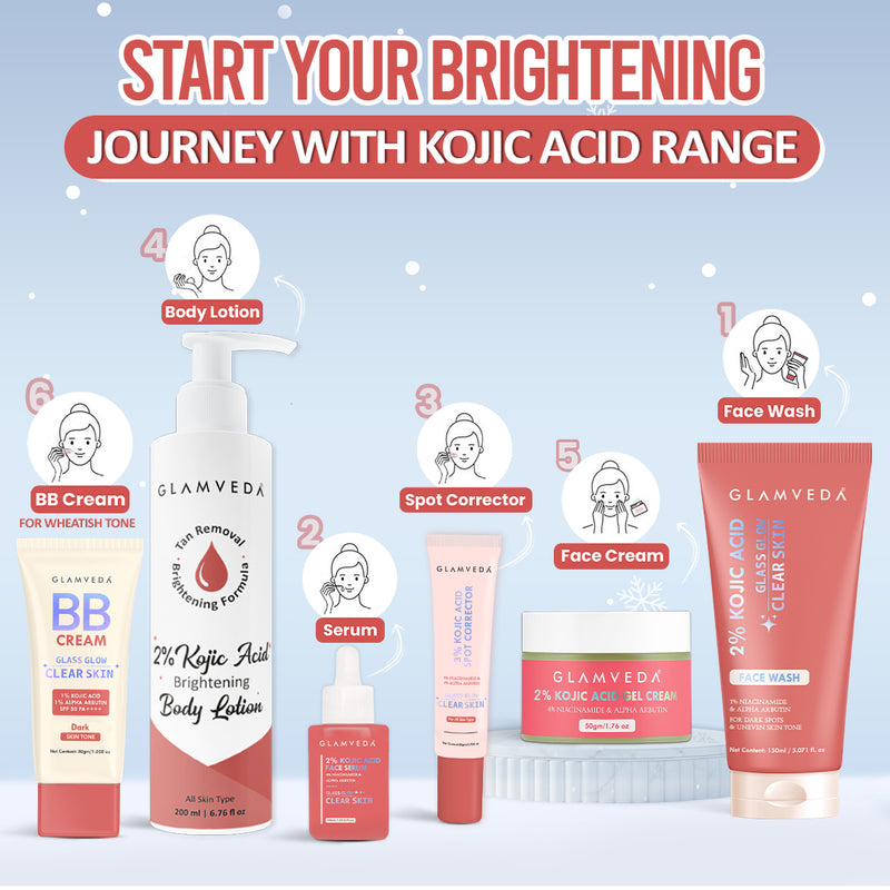 2% Kojic Acid 6-Step Skincare Routine-  Facewash, Spot Corrector, Serum, BB Cream(Dark), Cream & Lotion