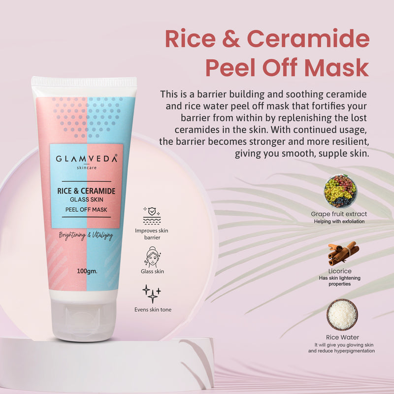 Glamveda Korean Glass Skin Rice & Ceramide 7 Step Weekly Skincare Routine For Women with Gift Box | Face wash, Peel Off Mask, Toner, Serum, Under eye cream, Moisturizer & Sunscreen