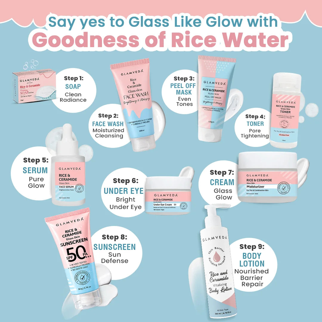 Korean Glass Skin Rice & Ceramide 7 Step Gift Box | Face wash, Peel Off Mask, Toner, Serum, Under eye cream, Moisturizer & Sunscreen