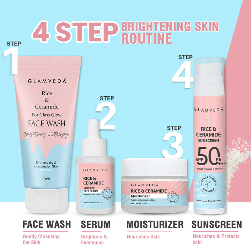 Glamveda Korean Glass Skin Rice & Ceramide Morning 4 Step Gift Box | Face Wash, Serum, Moisturizer & Sunscreen