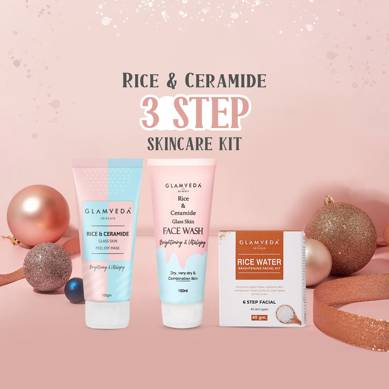 Glamveda Rice & Ceramide Korean Glass Skin Combo Gift Pack | Skin Brightening & Anti Dullness | Face Wash, Facial Kit & Peel Off Mask