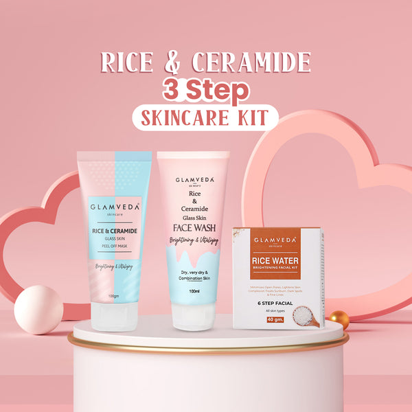 Glamveda Rice & Ceramide Korean Glass Skin Combo Gift Pack | Skin Brightening & Anti Dullness | Face Wash, Facial Kit & Peel Off Mask