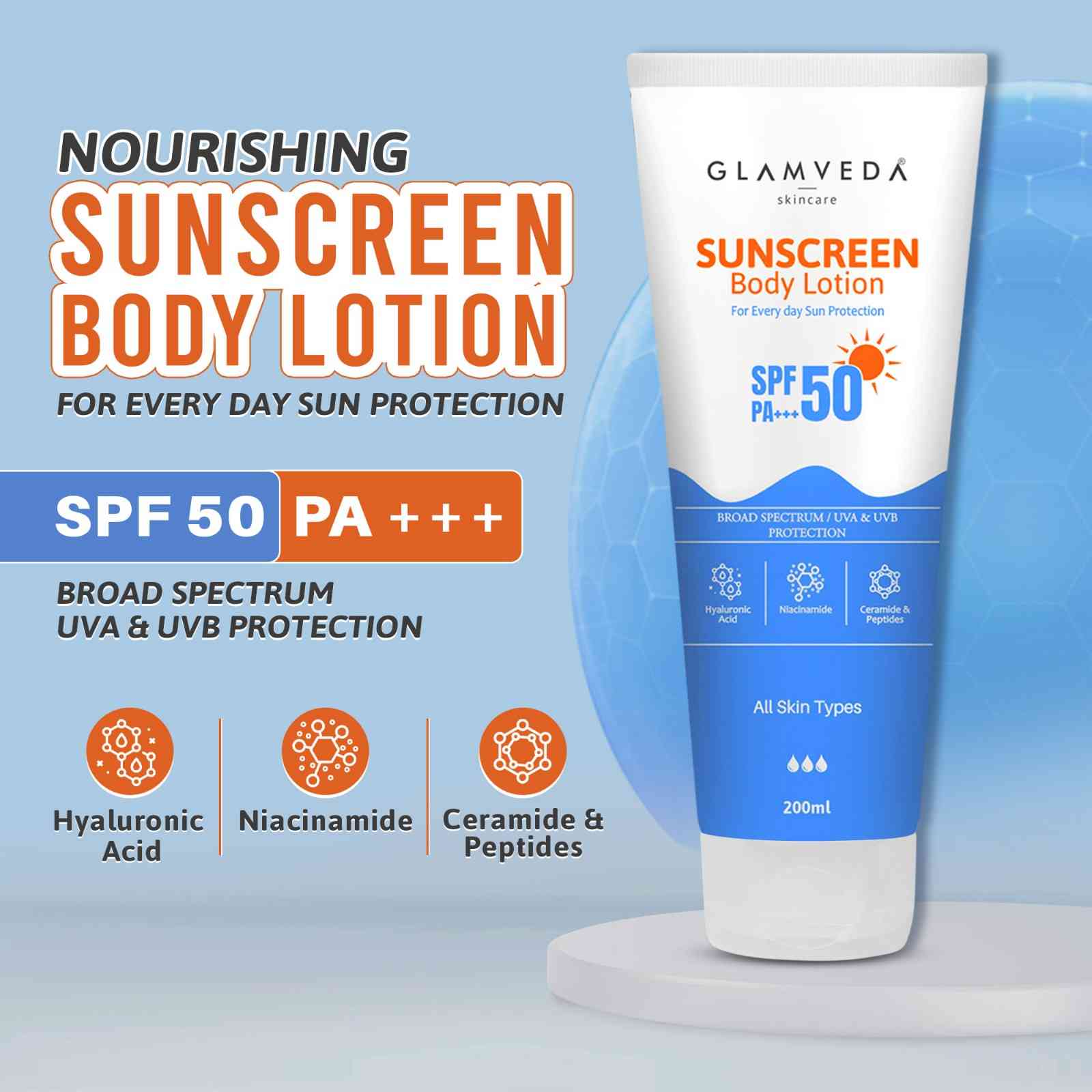 Glamveda Sunscreen SPF 50 PA+++ Body Lotion with Hyaluronic Acid & Niacinamide, Protects & Nourishes