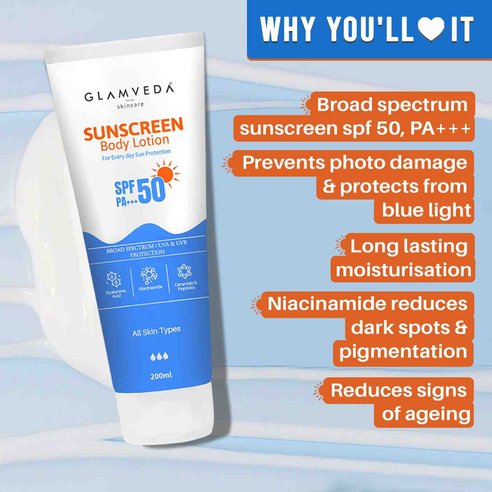 Glamveda Sunscreen SPF 50 PA+++ Body Lotion with Hyaluronic Acid & Niacinamide, Protects & Nourishes