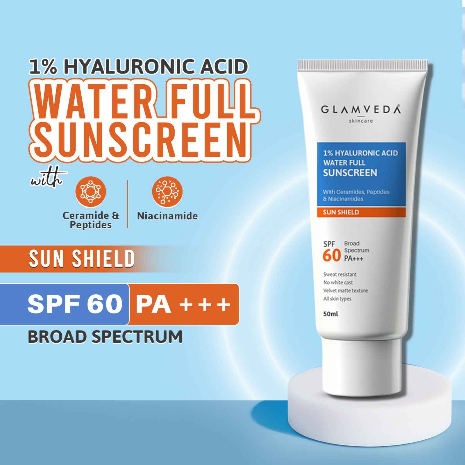 Glamveda 1% Hyaluronic Acid Sunscreen SPF 60, PA+++ | With Ceramides, Peptides & Niacinamide