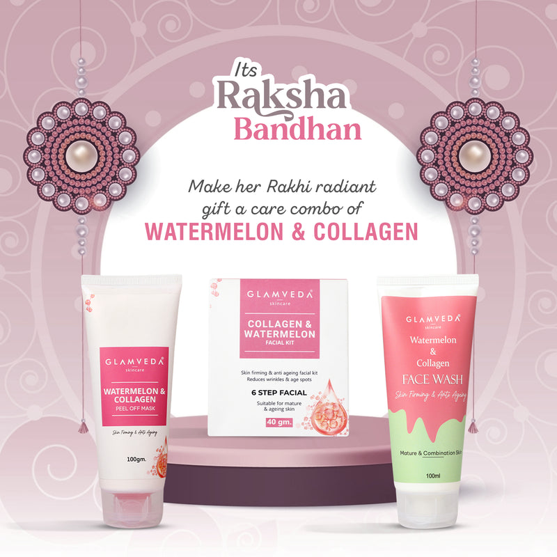 Glamveda Watermelon & Collagen Anti Ageing Combo Gift Pack | Reduces signs of ageing | Face Wash, Facial Kit & Peel Off Mask