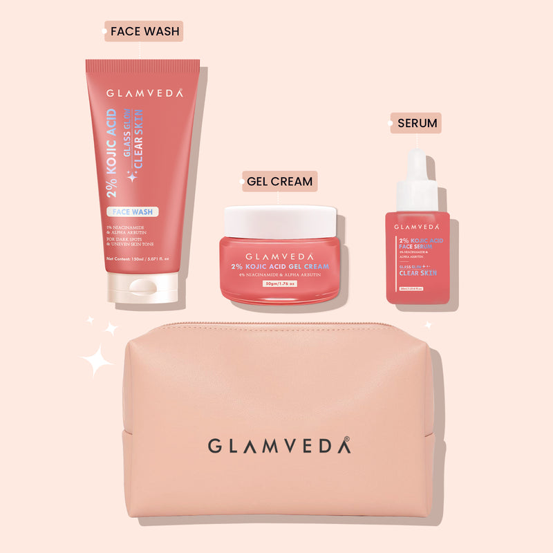2% Kojic Acid 3 Step Skincare Routine With Pouch– Face wash, Serum & Cream for Dark Spot Reduction