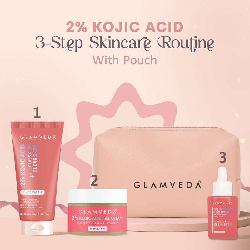 2% Kojic Acid 3 Step Skincare Routine With Pouch– Face wash, Serum & Cream for Dark Spot Reduction